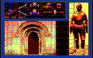 Forteresse (Amstrad CPC) screenshot: The door to the chapel is obviously locked (in French)