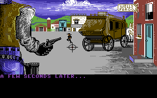 Law of the West (Commodore 64) screenshot: Stage coach robbery in progress.