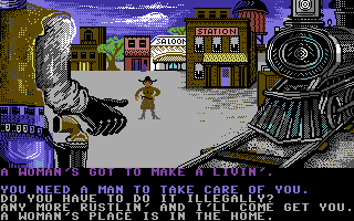Law of the West (Commodore 64) screenshot: Castle rustlin' woman