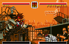 Guilty Gear Petit (WonderSwan Color) screenshot: Sol Badguys jumps at Potemkin