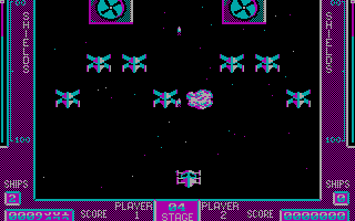 Bedlam (DOS) screenshot: Ship shoots alien formations in CGA lushness.