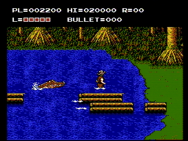 The Adventures of Bayou Billy (NES) screenshot: Watch out for gators in the swamp!