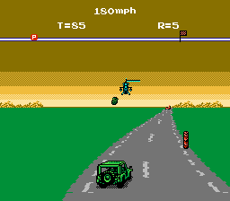 The Adventures of Bayou Billy (NES) screenshot: Billy's jeep is attacked by a plane