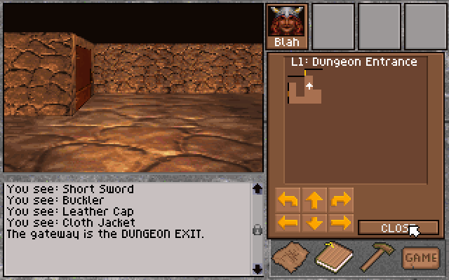 Shadow of Yserbius (DOS) screenshot: Navigating the dungeon with <b>auto-map</b> feature shown