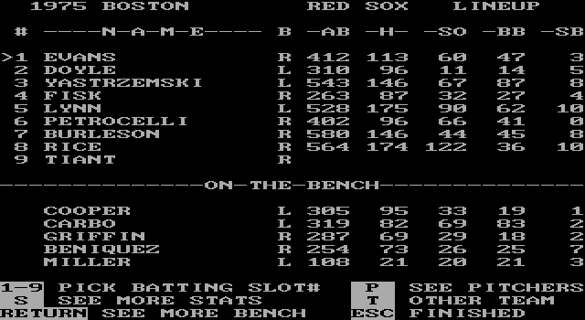 MicroLeague Baseball II (DOS) screenshot: Manage your team before starting (EGA)