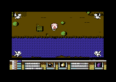 Phileas Fogg's Balloon Battles (Commodore 64) screenshot: Flying and bombing.