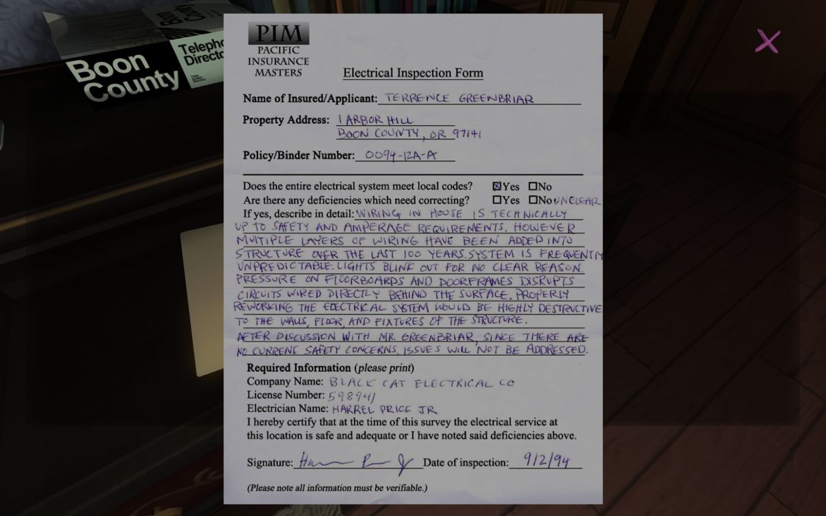 Gone Home (Windows) screenshot: You will find many of these everyday documents. They all contribute to understanding the story and these people's lives.