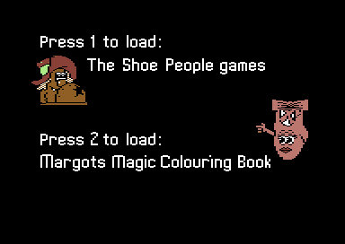 First Class with the Shoe People (Commodore 64) screenshot: Play games or colour.