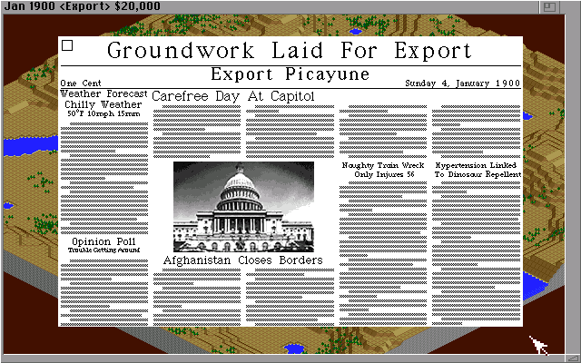 SimCity 2000 (Amiga) screenshot: The newspaper keeps you informed of what's going in your city and in the world. (Hi Res AGA)