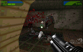 Last Rites (DOS) screenshot: A fully upgraded Shredded cannon makes short work of tough gray zombies.