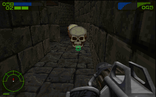 Last Rites (DOS) screenshot: Flying, exploding skulls!