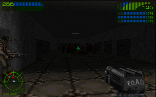 Last Rites (DOS) screenshot: Tough to see, but there's an impressive amount of zombies coming your way.