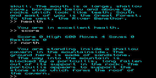 The Lost Kingdom of Zkul (Sinclair QL) screenshot: Entering the cave