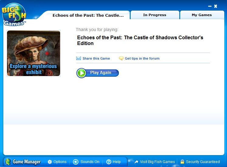 Echoes of the Past: The Castle of Shadows (Collector's Edition) (Windows) screenshot: The FOCUS Essential (UK) release installs Big Fish Games' game manager, this handles the game's installation and can be used to launch the game. The picture is animated
