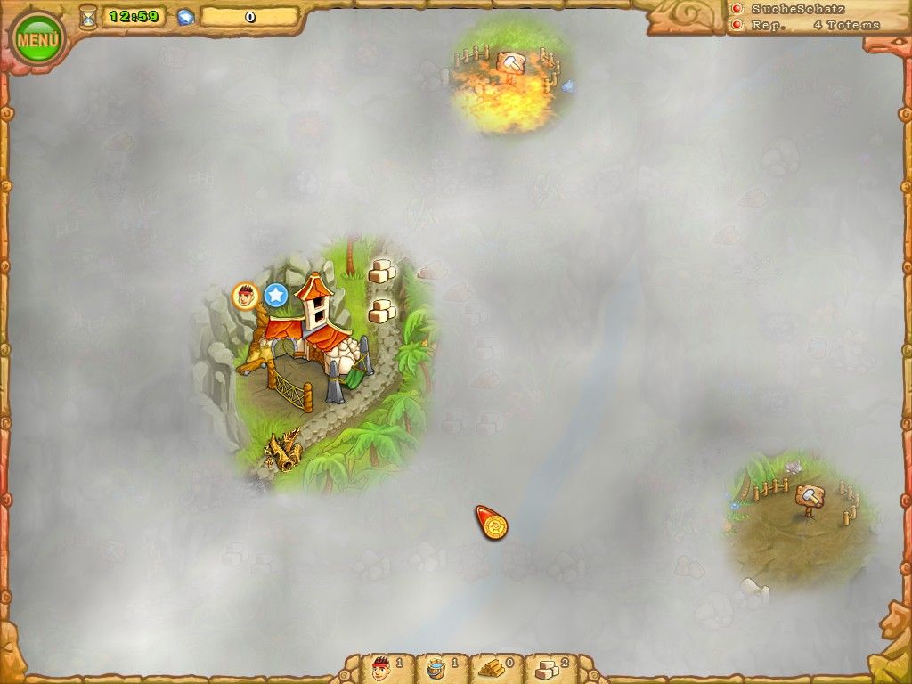 Island Tribe (Windows) screenshot: At the start of each level most of the land is covered by fog.