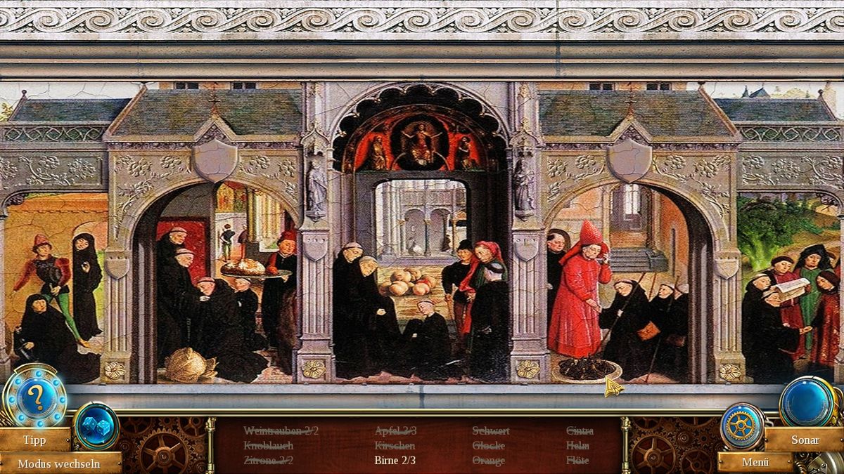 Time Mysteries: Inheritance - Remastered (Windows) screenshot: Does the guy in red at the right side really has a strawberry on his head?