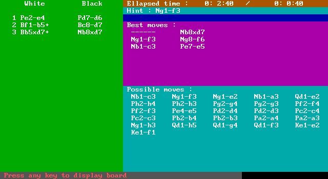 PowerChess (DOS) screenshot: This is the game help screen. It shows recent moves, suggested moves and player time.