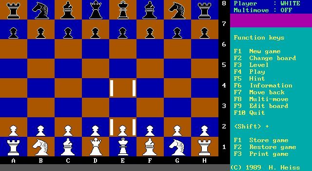 PowerChess (DOS) screenshot: This is the main game screen. Here an opening move is being made. The E2 pawn has been selected and is about to be placed in E4