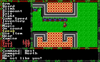Questron II (DOS) screenshot: Talking with some guards. "Me not like you either, and I'll have killed you before this game is over, boyo."