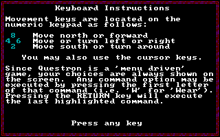 Questron II (DOS) screenshot: Instructions.