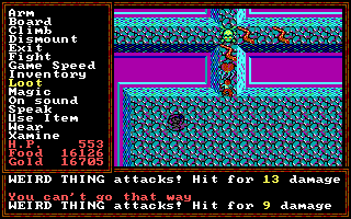 Questron II (DOS) screenshot: Monsters queuing up to be killed.