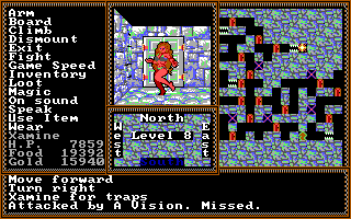 Questron II (DOS) screenshot: The last dungeon has interesting monsters -- this one was by far my favourite!