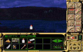 Robinson's Requiem (DOS) screenshot: Fill up your water from lakes, but remember to disinfect it!