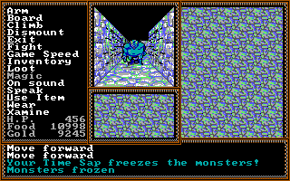 Questron II (DOS) screenshot: A monster in the distance. Quick, Time Sap!