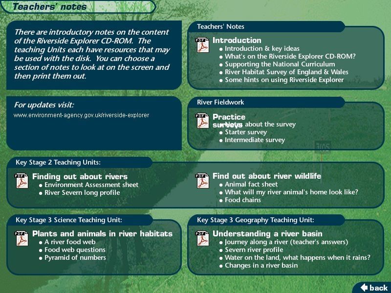 Riverside Explorer: version 1.0 (Windows) screenshot: There's a lot of information on this CD, much of it like these teacher's notes is in .pdf documents that need printing out