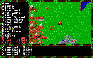 Questron II (DOS) screenshot: Very handy, this trained eagle. You'll never have to bother about those silly random encounters anymore.