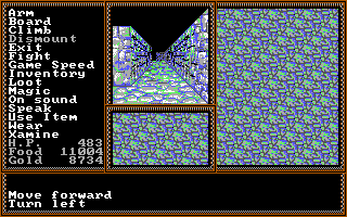 Questron II (DOS) screenshot: Exploring my first dungeon. The view window could have been a little bigger.