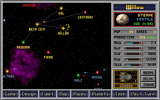 Master of Orion (DOS) screenshot: Established colony with resource bars