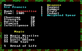 Questron II (DOS) screenshot: My stats after I got rich.