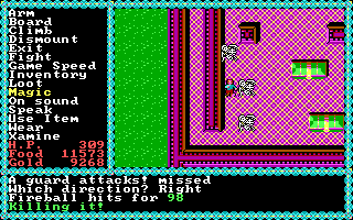 Questron II (DOS) screenshot: My first castle guard killing spree. I'm the good guy, but you must die, so I can save your world. Sorry.