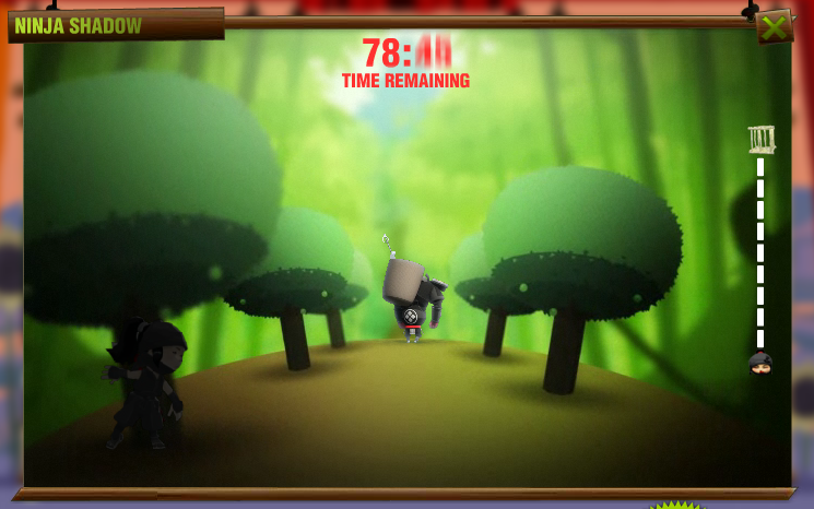 Ninja Shadow (Browser) screenshot: An enemy appears in the distance, Suzume hides behind a tree.