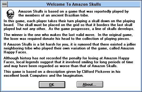 Amazon Skulls (Windows 3.x) screenshot: Welcome to Amazon Skulls!