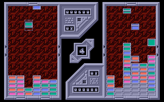 Zyconix (DOS) screenshot: Two-player mode: Removed lines turn your opponents bricks into steel bricks.