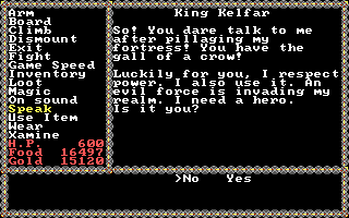 Questron II (DOS) screenshot: After I killed all his guards, King Kelfar is please with me.