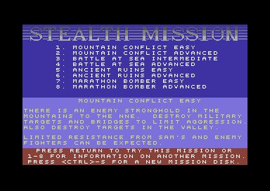 Stealth Mission (Commodore 64) screenshot: Select your mission.