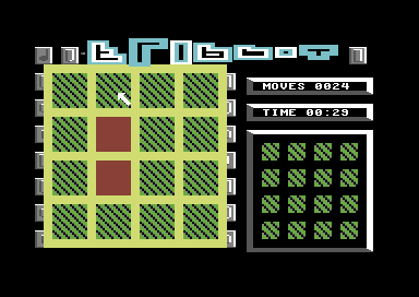 Flippit (Commodore 64) screenshot: Clicking on a square will change it's colour and other squares around it.