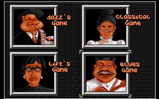 Zyconix (DOS) screenshot: Four characters represent the four game modes, each with their own set of music.