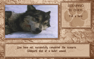 Wolf (DOS) screenshot: Your wolf has died, game over