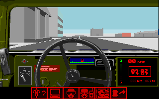 Twilight: 2000 (DOS) screenshot: HMMWV in front of office (inside)