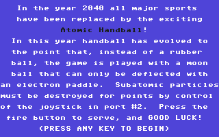 Atomic Handball (Commodore 64) screenshot: Instructions