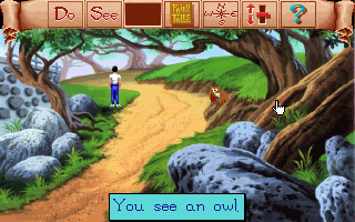 Mixed Up Fairy Tales (DOS) screenshot: Though relatively unpopulated, many screens feature easter eggs of hidden animals in nooks of trees. (MCGA/VGA)