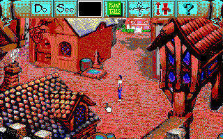 Mixed Up Fairy Tales (DOS) screenshot: In town. (EGA/Tandy)