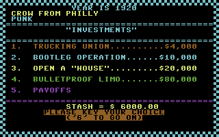 Gangbusters (Commodore 64) screenshot: Your investments