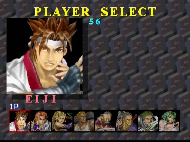 Battle Arena Toshinden (PlayStation) screenshot: Let's see the characters! Eiji seems like the basic guy. He's the one on the cover.