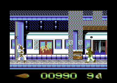 International Ninja Rabbits (Commodore 64) screenshot: Catch the tube train.