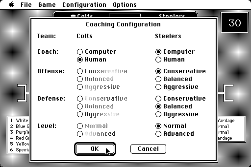 NFL Challenge (Macintosh) screenshot: You can customize the human and computer players